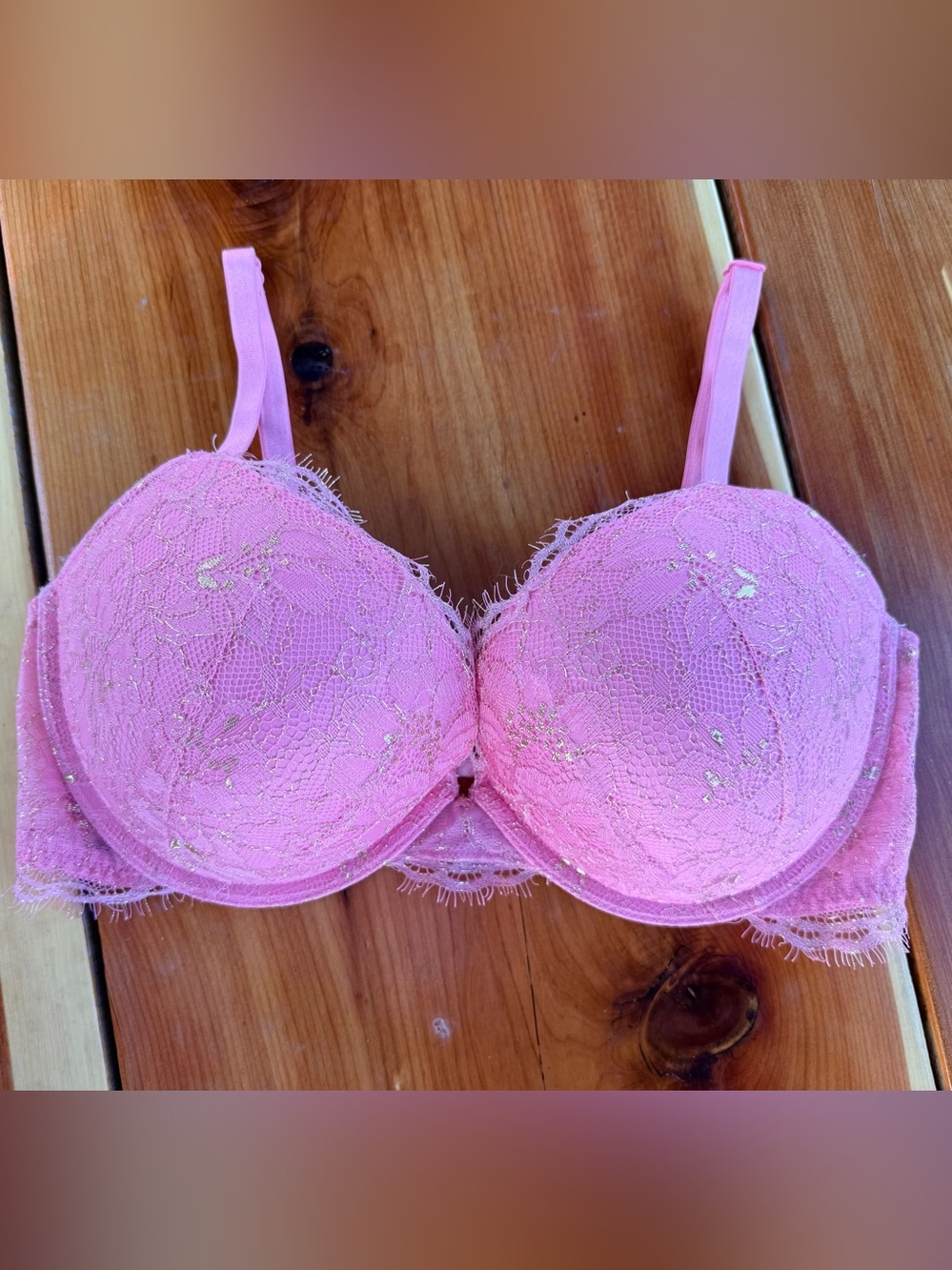 Victoria's Secret Very Sexy Pink Lace Padded Push-Up Bra with Gold Accents 34DD